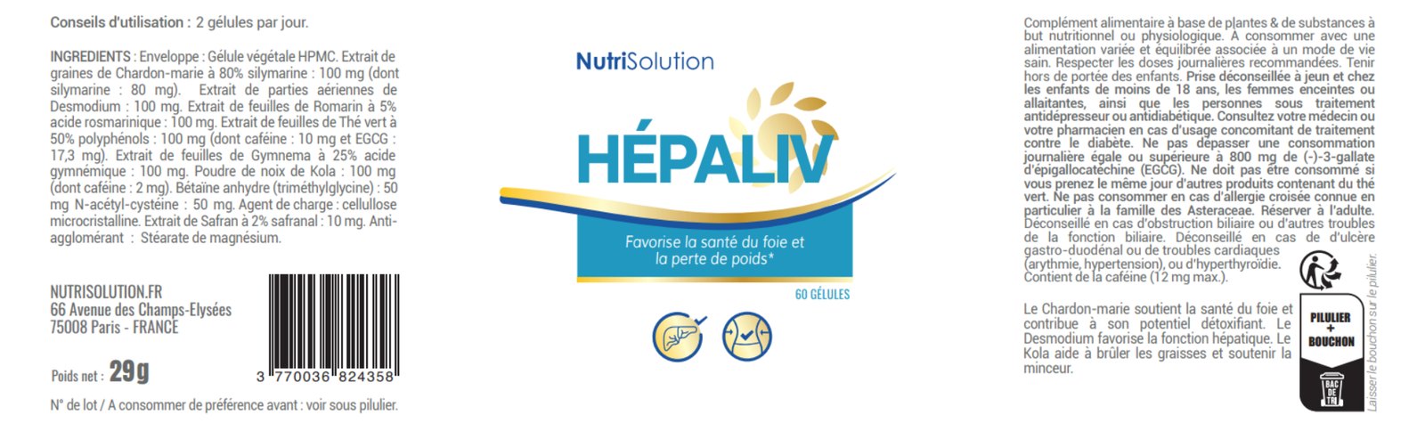 Étiquette officielle française d'HépaLiv avec la liste des ingrédients et les quantités par dose journalière
