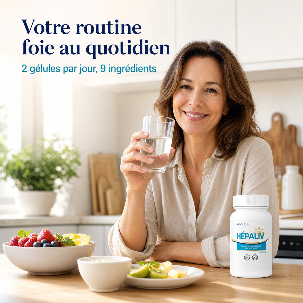 Femme avec un verre d'eau au petit-déjeuner, le pilulier HépaLiv posé sur la table : votre routine foie au quotidien