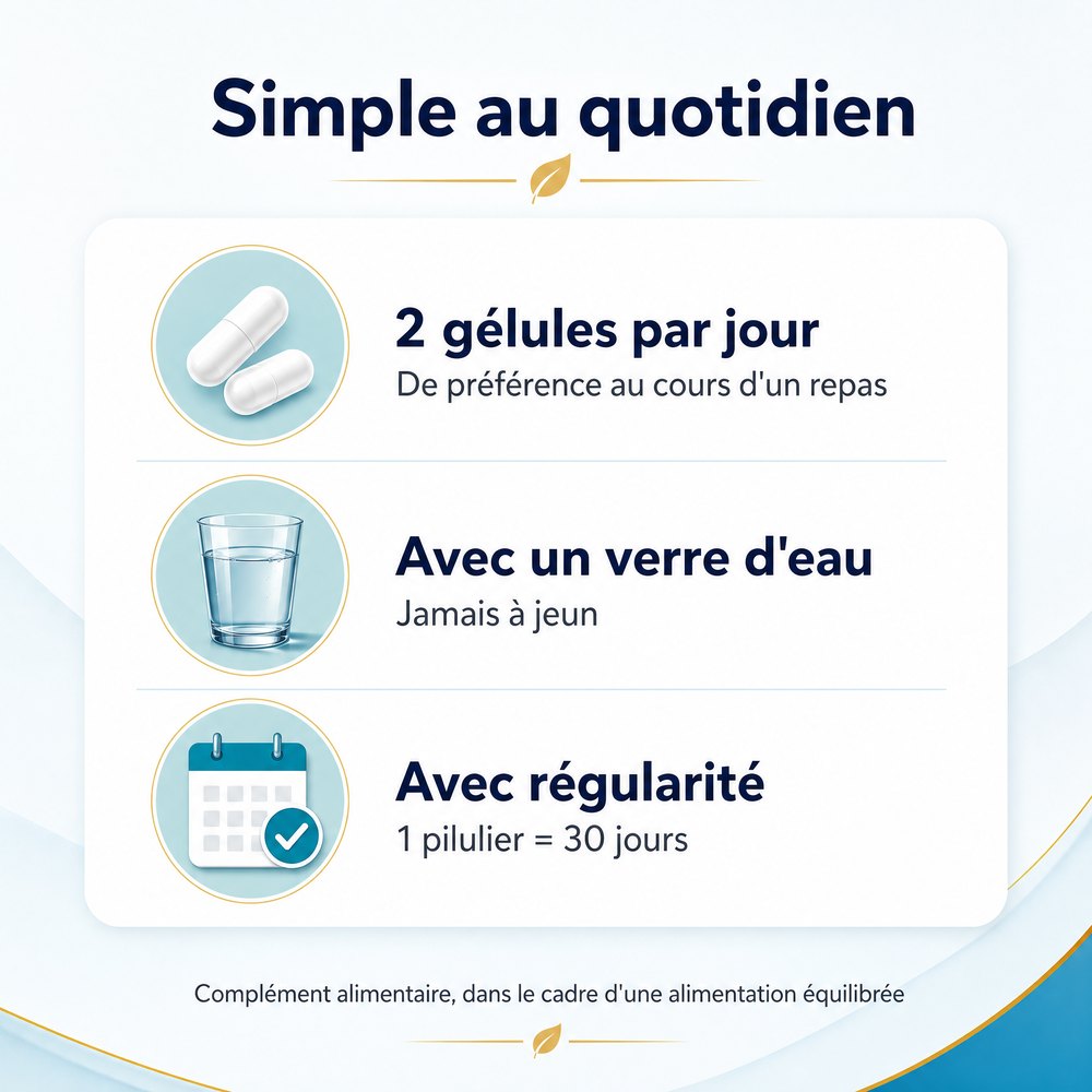 Mode d'emploi : 2 gélules par jour au cours d'un repas avec un verre d'eau, jamais à jeun, 1 pilulier pour 30 jours