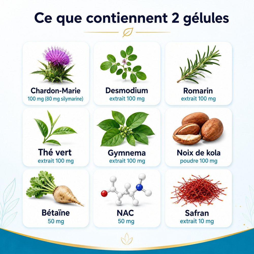 Ce que contiennent 2 gélules HépaLiv : chardon-Marie 100 mg (80 mg de silymarine), desmodium, romarin, thé vert, gymnema, noix de kola 100 mg chacun, bétaïne 50 mg, NAC 50 mg, safran 10 mg